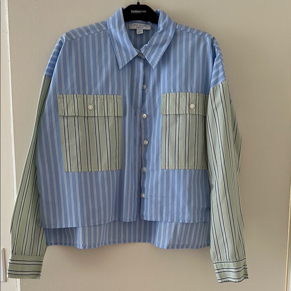 Ann Taylor Blue and Green Striped Button Down Shirt